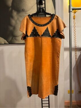 Vintage Leather Hippy Dress Orange Shift with Metal Studs